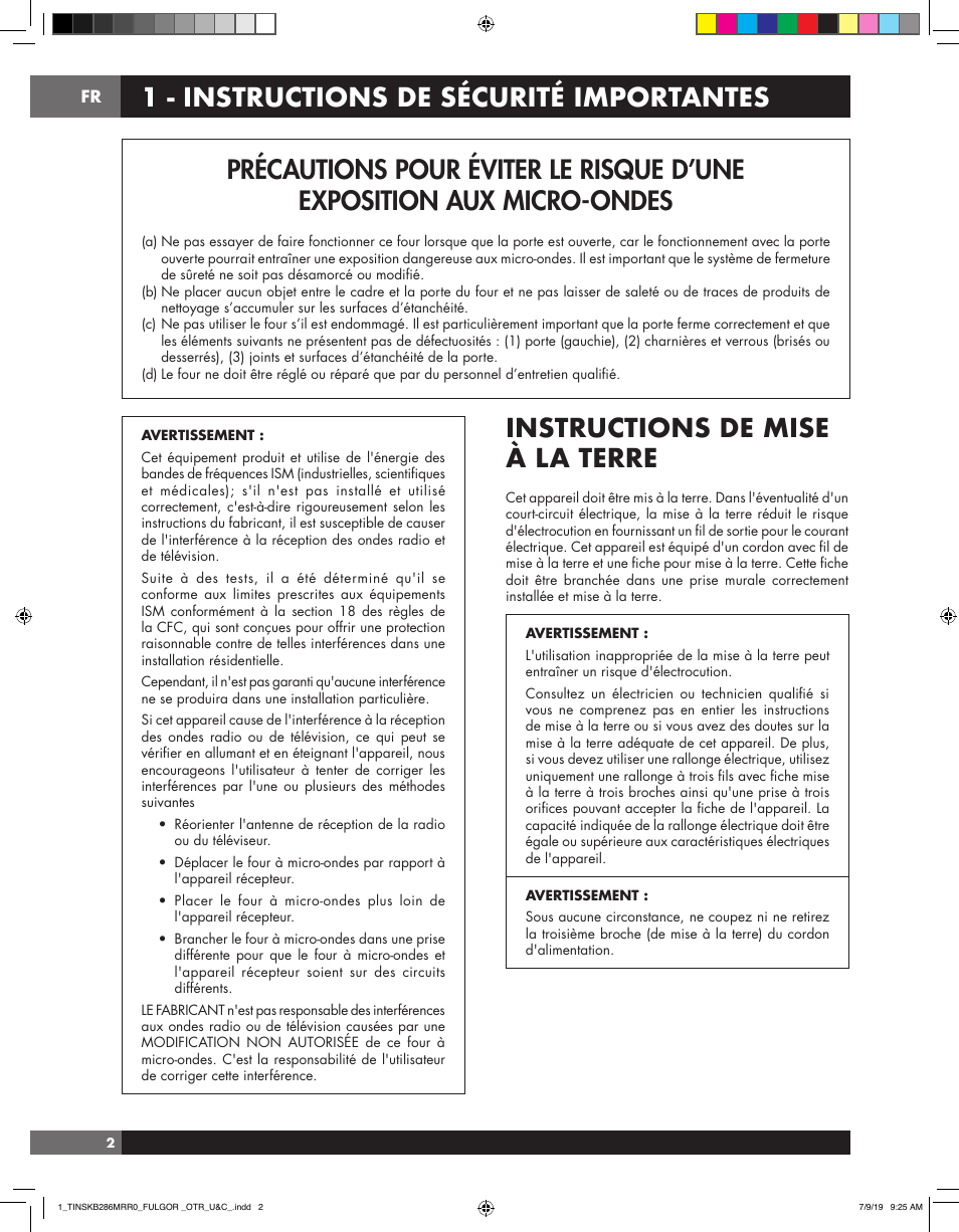 Instructions de mise à la terre, 1 - instructions de sécurité importantes | Fulgor Milano 30 Inch Over-the-Range Microwave Oven Use and Care Manual User Manual | Page 40 / 76