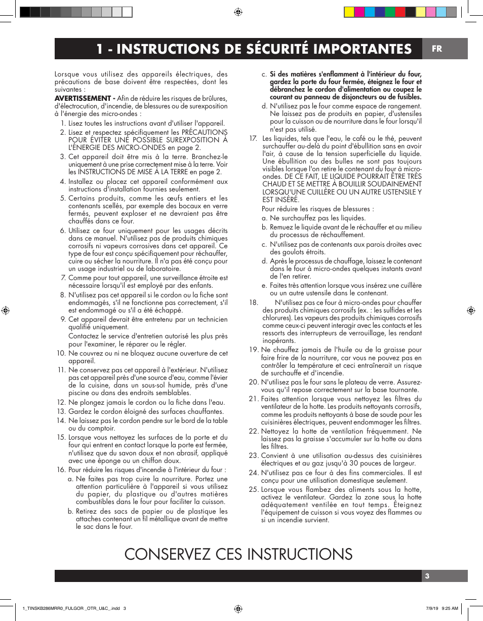 Conservez ces instructions, 1 - instructions de sécurité importantes | Fulgor Milano 30 Inch Over-the-Range Microwave Oven Use and Care Manual User Manual | Page 41 / 76