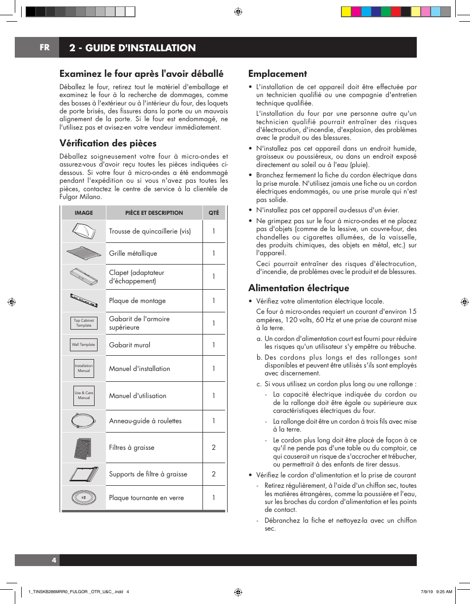 Guide d'installation, Examinez le four après l'avoir déballé, Vérification des pièces | Emplacement, Alimentation électrique, 2 - guide d'installation | Fulgor Milano 30 Inch Over-the-Range Microwave Oven Use and Care Manual User Manual | Page 42 / 76