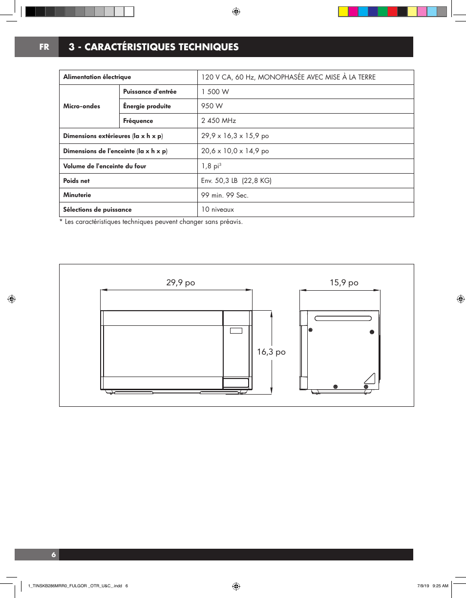 3 - caractéristiques techniques | Fulgor Milano 30 Inch Over-the-Range Microwave Oven Use and Care Manual User Manual | Page 44 / 76