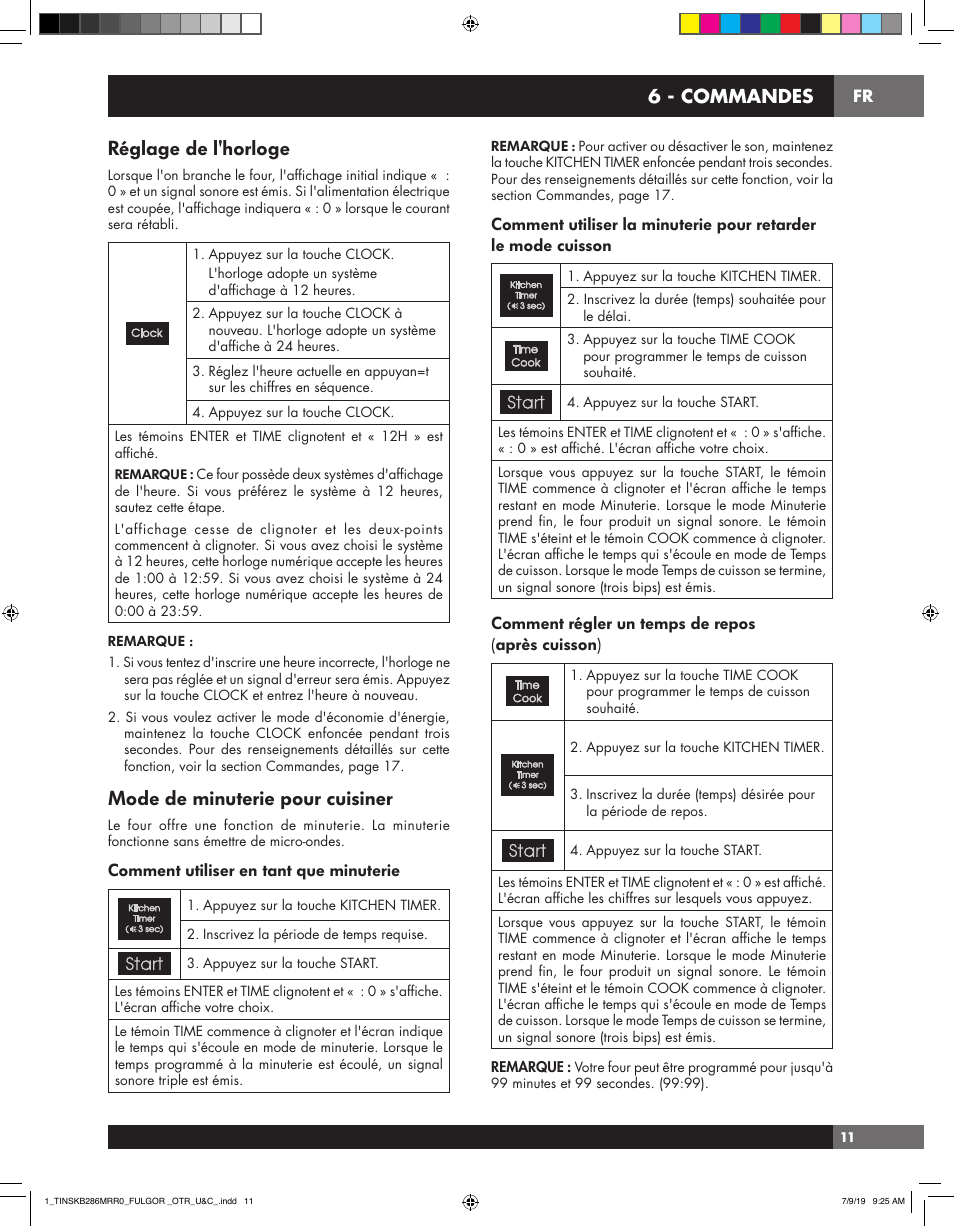 Réglage de l'horloge, Mode de minuterie pour cuisiner, 6 - commandes | Comment régler un temps de repos (après cuisson), Comment utiliser en tant que minuterie | Fulgor Milano 30 Inch Over-the-Range Microwave Oven Use and Care Manual User Manual | Page 49 / 76