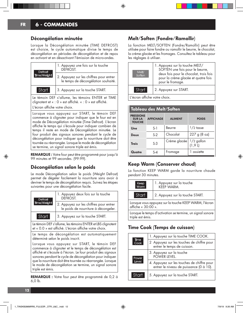 Décongélation minutée, Décongélation selon le poids, Melt/soften (fondre/ramollir) | Keep warm (conserver chaud), Time cook (temps de cuisson), 6 - commandes, Tableau des melt/soften | Fulgor Milano 30 Inch Over-the-Range Microwave Oven Use and Care Manual User Manual | Page 50 / 76