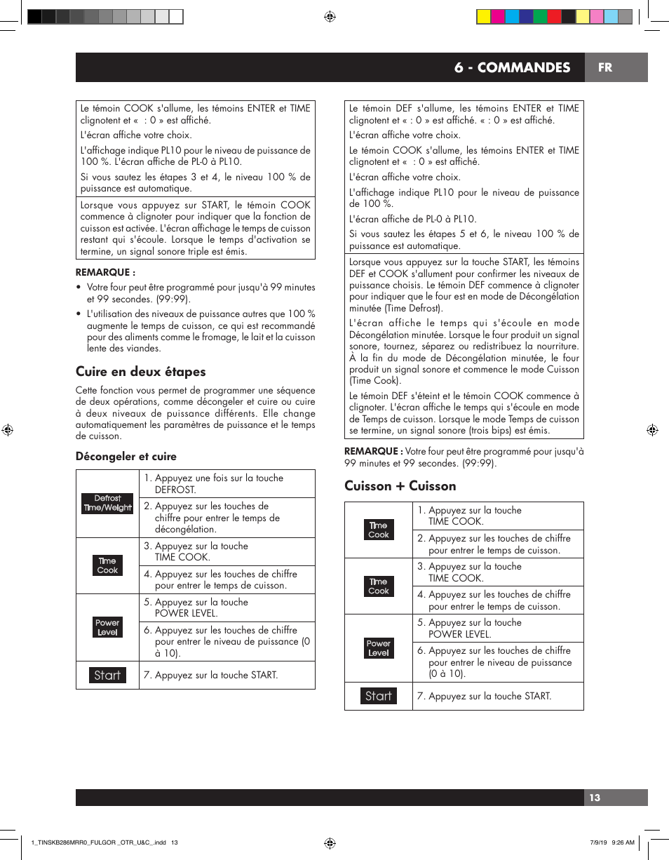 Cuire en deux étapes, Cuisson + cuisson, 6 - commandes | Décongeler et cuire | Fulgor Milano 30 Inch Over-the-Range Microwave Oven Use and Care Manual User Manual | Page 51 / 76