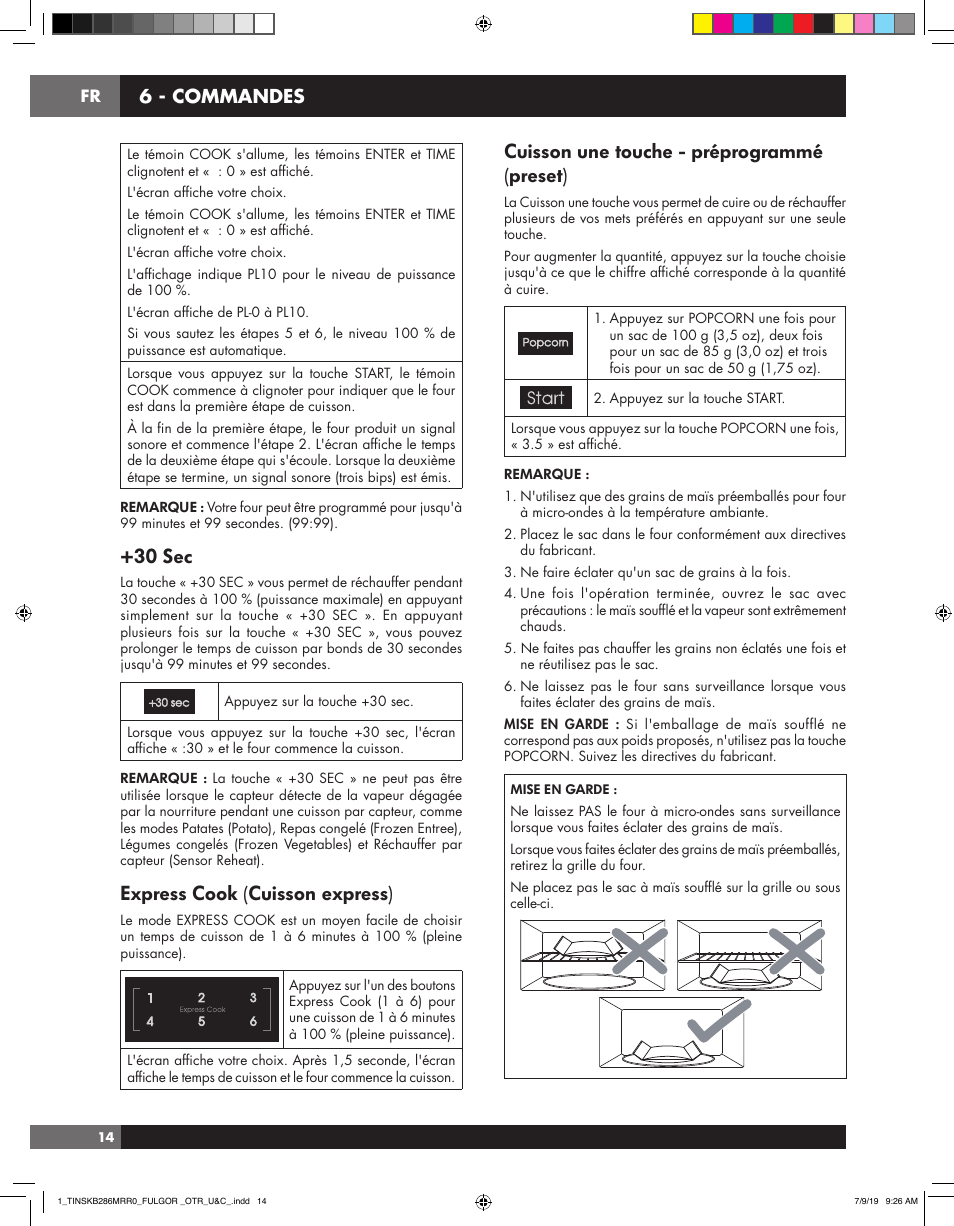 30 sec, Express cook (cuisson express), Cuisson une touche - préprogrammé (preset) | 6 - commandes | Fulgor Milano 30 Inch Over-the-Range Microwave Oven Use and Care Manual User Manual | Page 52 / 76