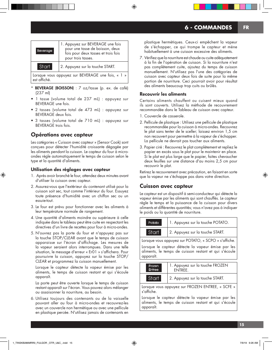 Opérations avec capteur, Cuisson avec capteur, 6 - commandes | Utilisation des réglages avec capteur, Recouvrir les aliments | Fulgor Milano 30 Inch Over-the-Range Microwave Oven Use and Care Manual User Manual | Page 53 / 76