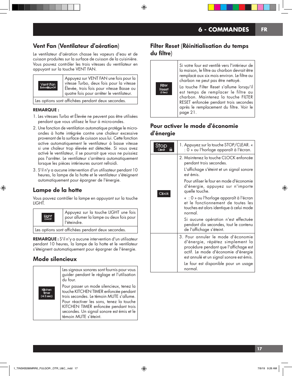 Vent fan (ventilateur d'aération), Lampe de la hotte, Mode silencieux | Filter reset (réinitialisation du temps du filtre), Pour activer le mode d'économie d'énergie, 6 - commandes | Fulgor Milano 30 Inch Over-the-Range Microwave Oven Use and Care Manual User Manual | Page 55 / 76