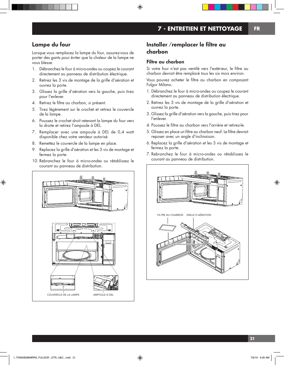 Installer /remplacer le filtre au charbon, Lampe du four, 7 - entretien et nettoyage | Filtre au charbon | Fulgor Milano 30 Inch Over-the-Range Microwave Oven Use and Care Manual User Manual | Page 59 / 76