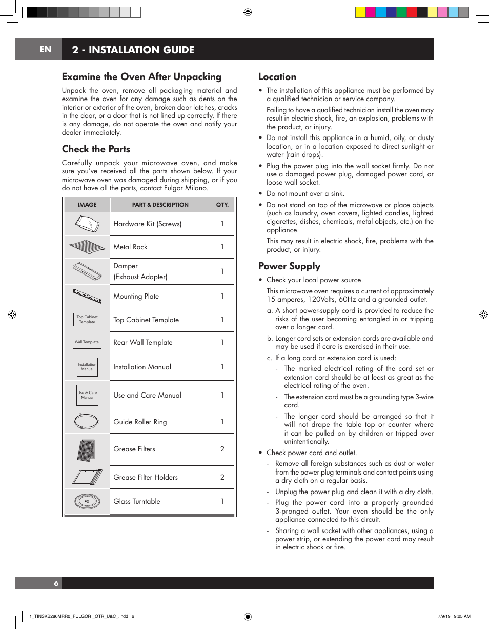 Examine the oven after unpacking, Check the parts, Location | Power supply, 2 - installation guide | Fulgor Milano 30 Inch Over-the-Range Microwave Oven Use and Care Manual User Manual | Page 6 / 76