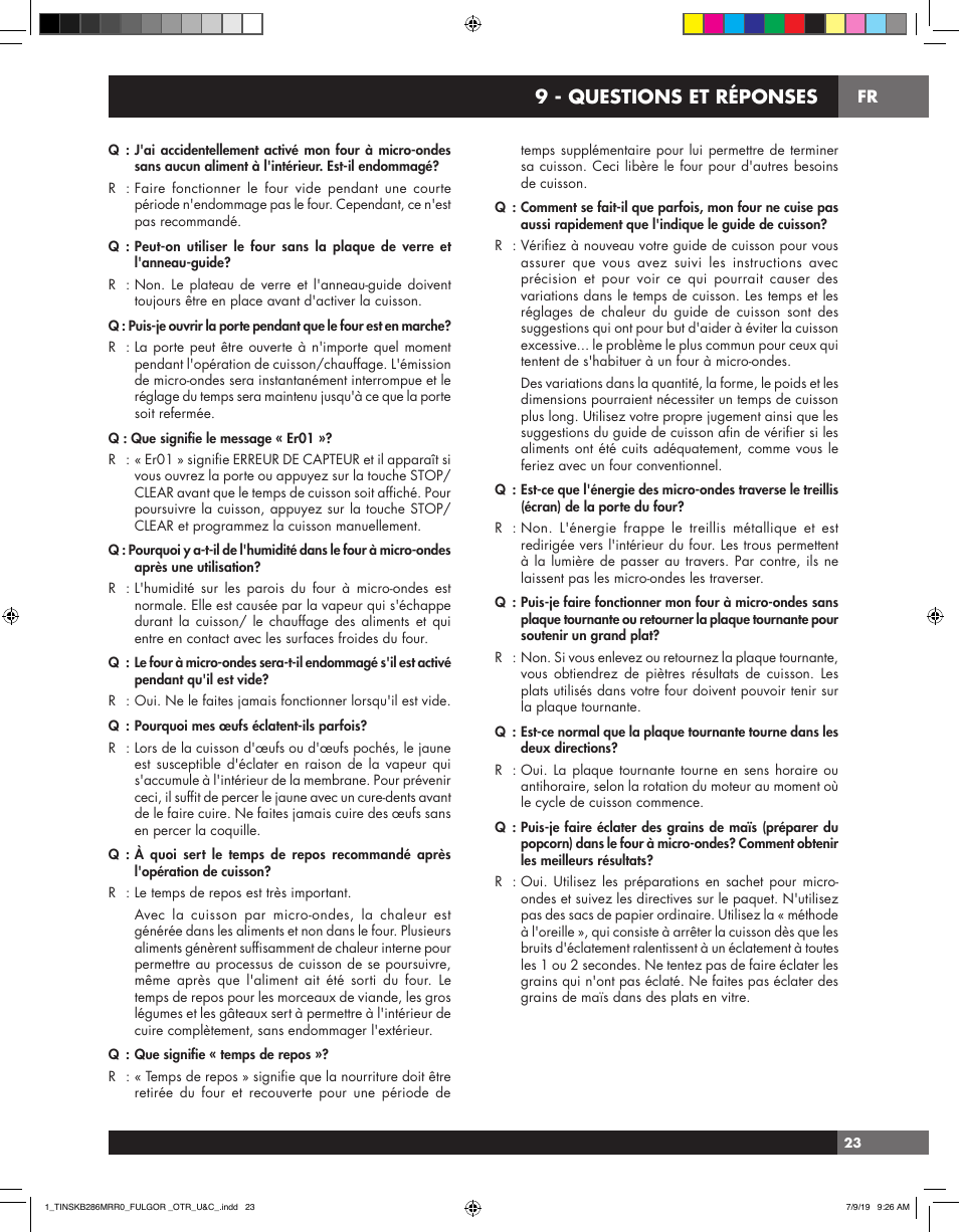 9 - questions et réponses | Fulgor Milano 30 Inch Over-the-Range Microwave Oven Use and Care Manual User Manual | Page 61 / 76