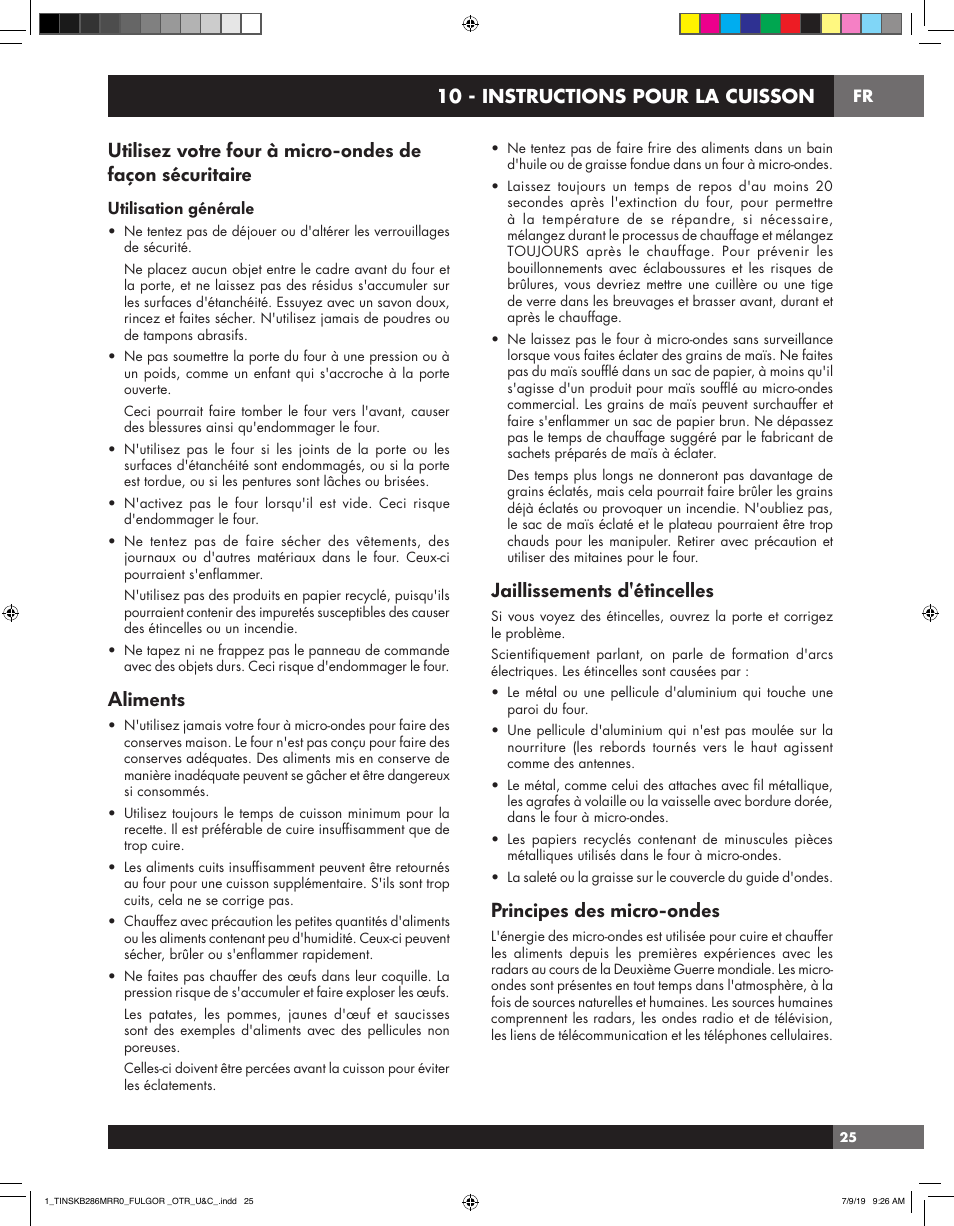 Aliments, Jaillissements d'étincelles, Principes des micro-ondes | 10 - instructions pour la cuisson, Utilisation générale | Fulgor Milano 30 Inch Over-the-Range Microwave Oven Use and Care Manual User Manual | Page 63 / 76