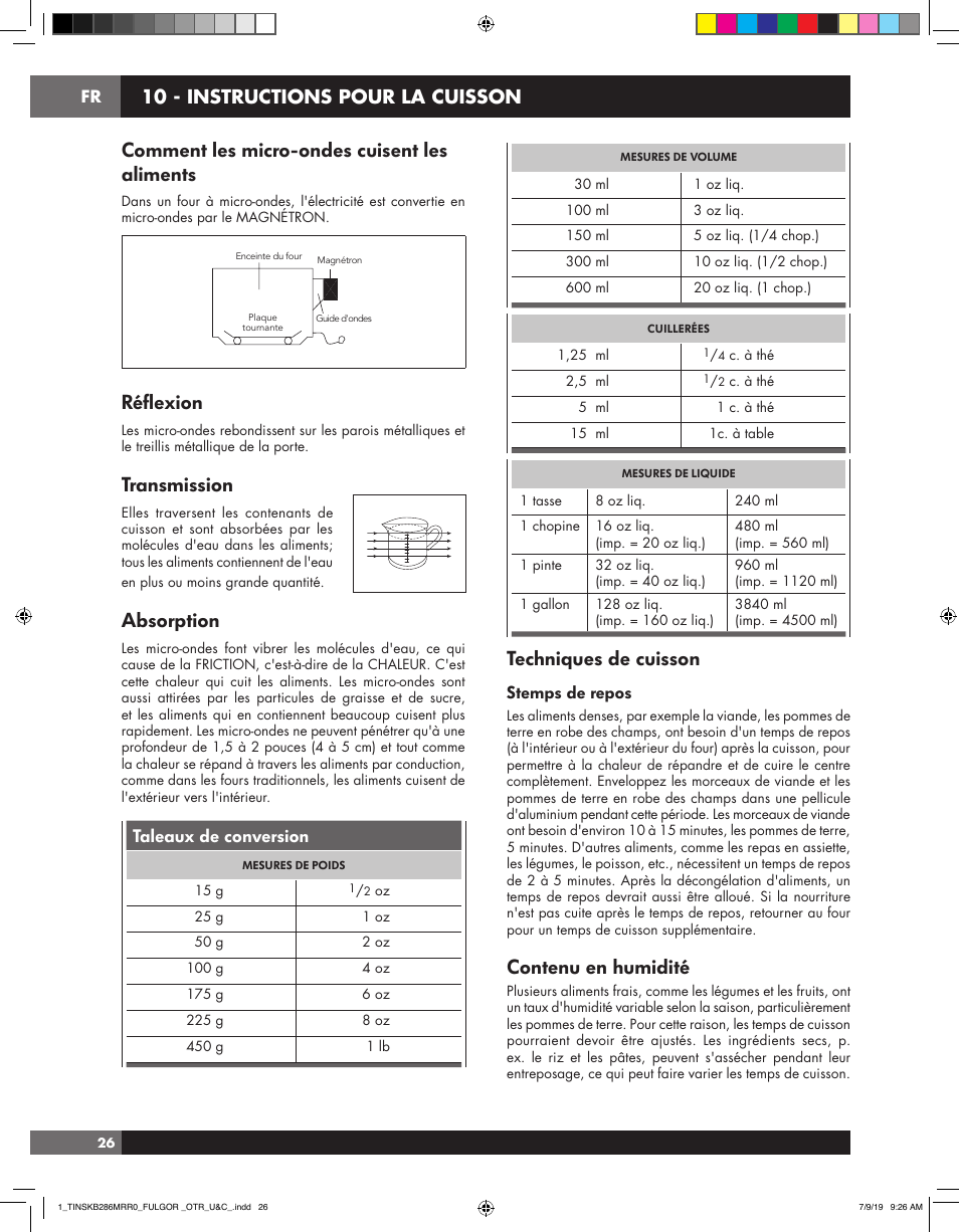 Comment les micro-ondes cuisent les aliments, Réflexion, Transmission | Absorption, Techniques de cuisson, Contenu en humidité, 10 - instructions pour la cuisson, Taleaux de conversion, Stemps de repos | Fulgor Milano 30 Inch Over-the-Range Microwave Oven Use and Care Manual User Manual | Page 64 / 76
