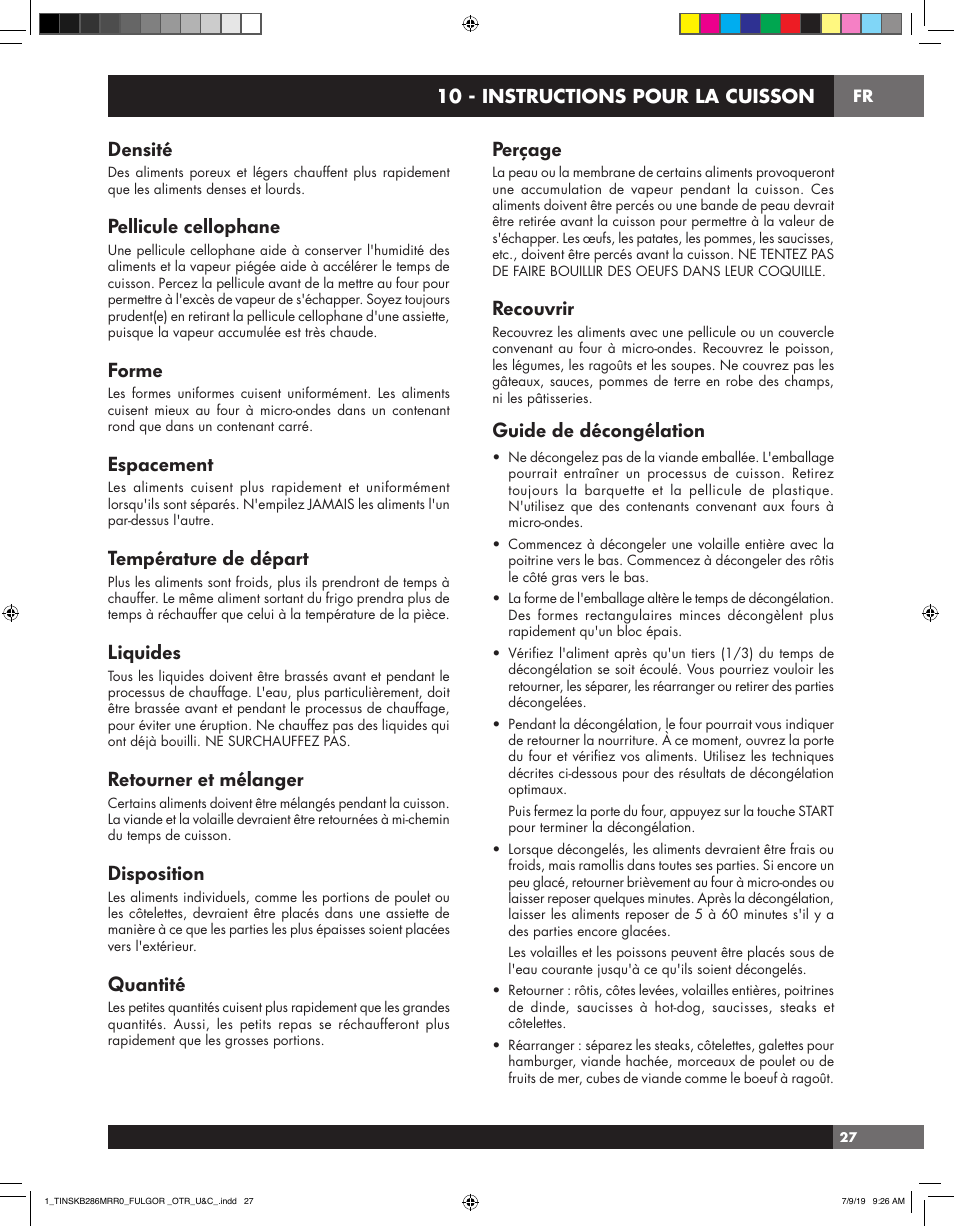 Densité, Pellicule cellophane, Forme | Espacement, Température de départ, Liquides, Retourner et mélanger, Disposition, Quantité, Perçage | Fulgor Milano 30 Inch Over-the-Range Microwave Oven Use and Care Manual User Manual | Page 65 / 76