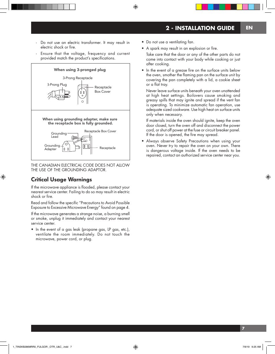 Installation guide, Critical usage warnings, 2 - installation guide | Fulgor Milano 30 Inch Over-the-Range Microwave Oven Use and Care Manual User Manual | Page 7 / 76