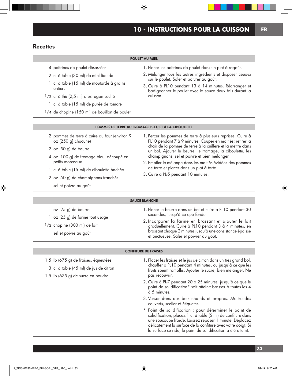 Recettes, 10 - instructions pour la cuisson | Fulgor Milano 30 Inch Over-the-Range Microwave Oven Use and Care Manual User Manual | Page 71 / 76