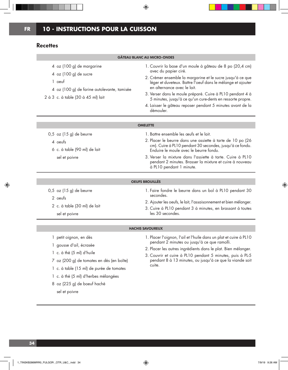 Recettes, 10 - instructions pour la cuisson | Fulgor Milano 30 Inch Over-the-Range Microwave Oven Use and Care Manual User Manual | Page 72 / 76