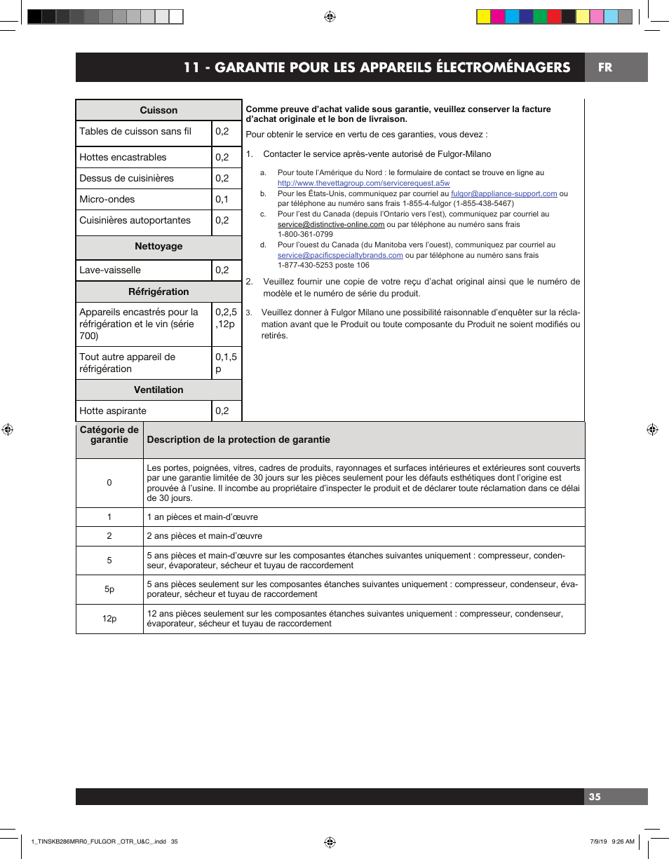 11 - garantie pour les appareils électroménagers, Garantie pour les appareils électroménagers | Fulgor Milano 30 Inch Over-the-Range Microwave Oven Use and Care Manual User Manual | Page 73 / 76