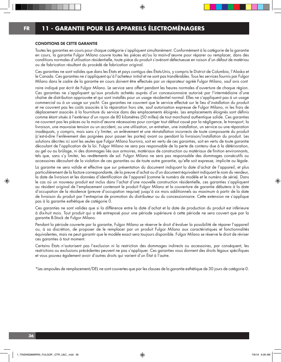 11 - garantie pour les appareils électroménagers | Fulgor Milano 30 Inch Over-the-Range Microwave Oven Use and Care Manual User Manual | Page 74 / 76