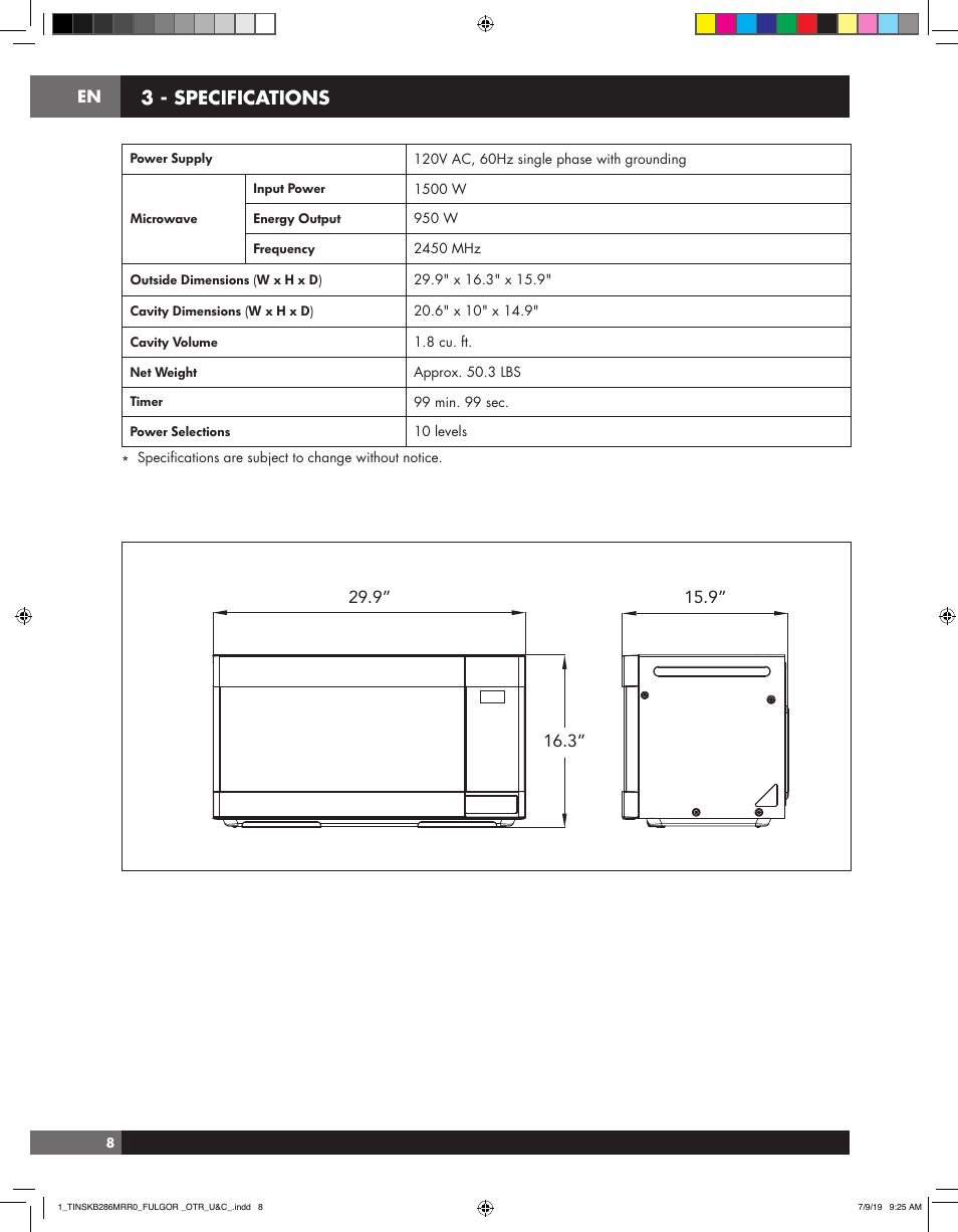 3 - specifications | Fulgor Milano 30 Inch Over-the-Range Microwave Oven Use and Care Manual User Manual | Page 8 / 76