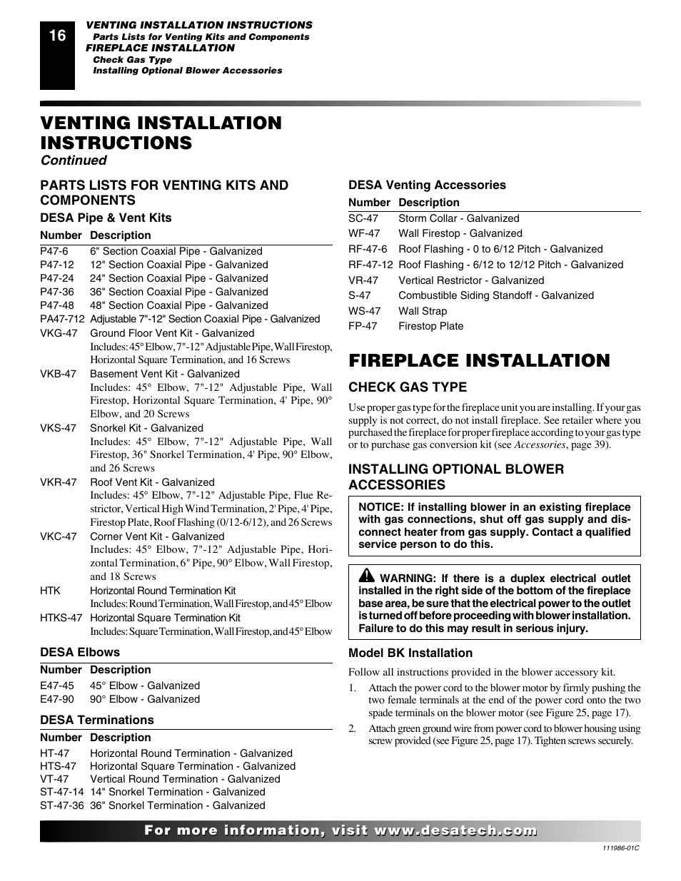 Venting installation instructions, Fireplace installation, Continued | Desa (V)T32N User Manual | Page 16 / 38