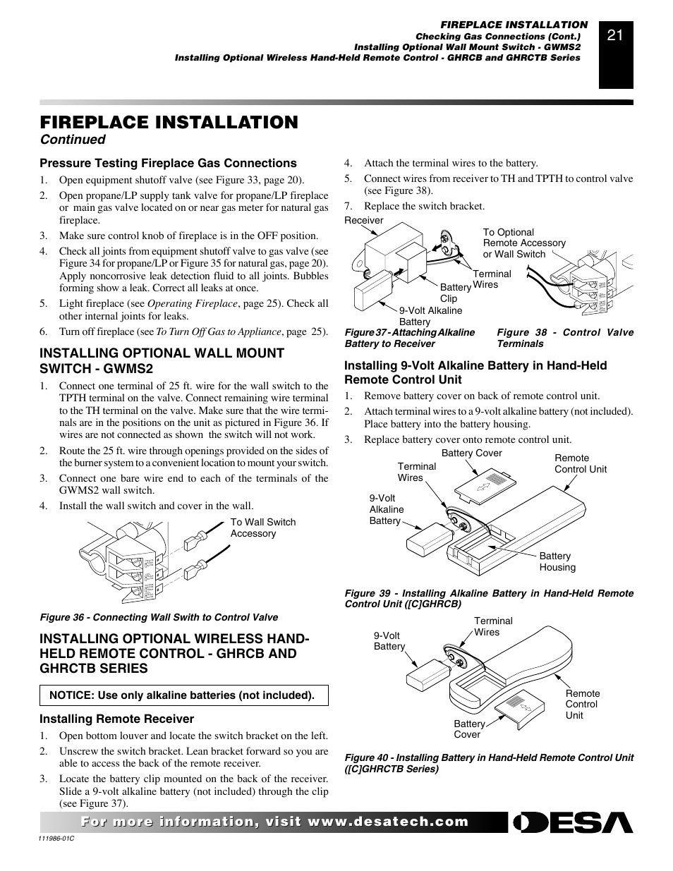 Fireplace installation, Continued | Desa (V)T32N User Manual | Page 21 / 38