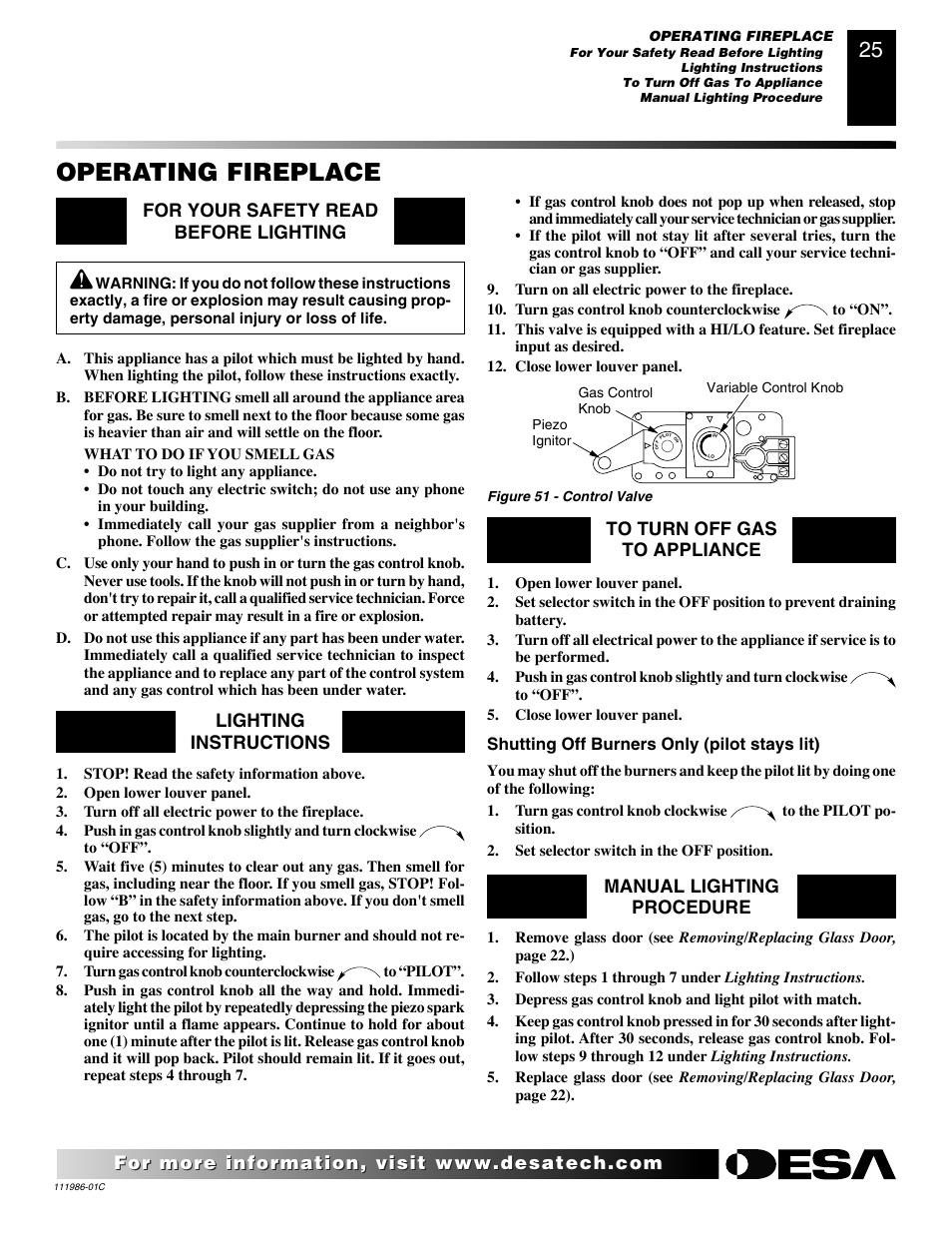 Operating fireplace, Manual lighting procedure | Desa (V)T32N User Manual | Page 25 / 38
