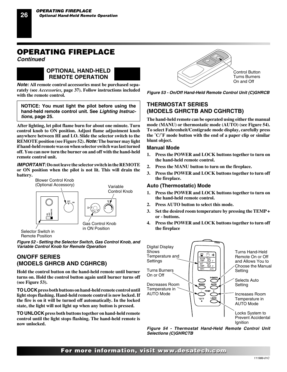 Operating fireplace, Continued, Optional hand-held remote operation | On/off series (models ghrcb and cghrcb), Thermostat series (models ghrctb and cghrctb), Manual mode, Auto (thermostatic) mode | Desa (V)T32N User Manual | Page 26 / 38