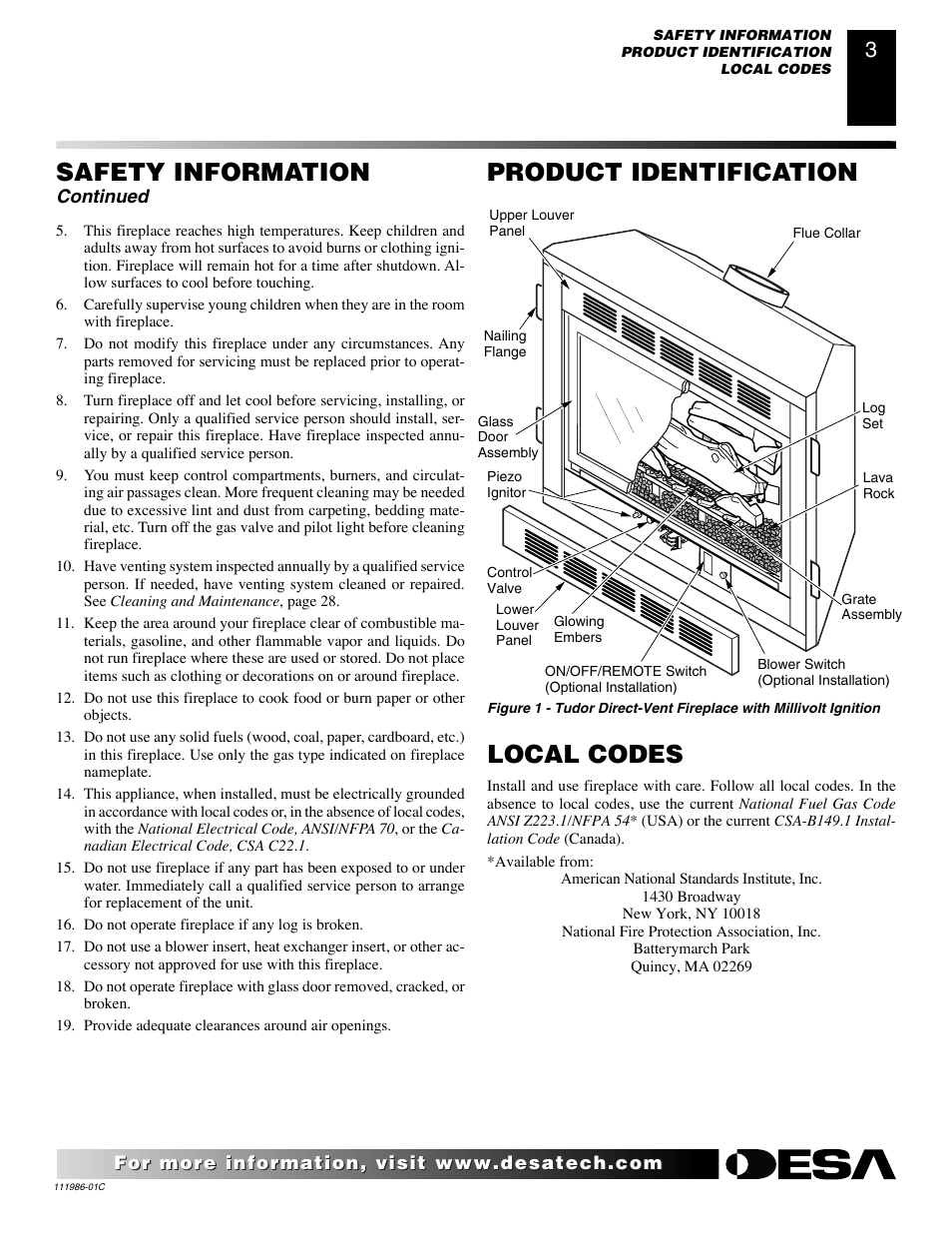 Safety information, Product identification, Local codes | Continued | Desa (V)T32N User Manual | Page 3 / 38
