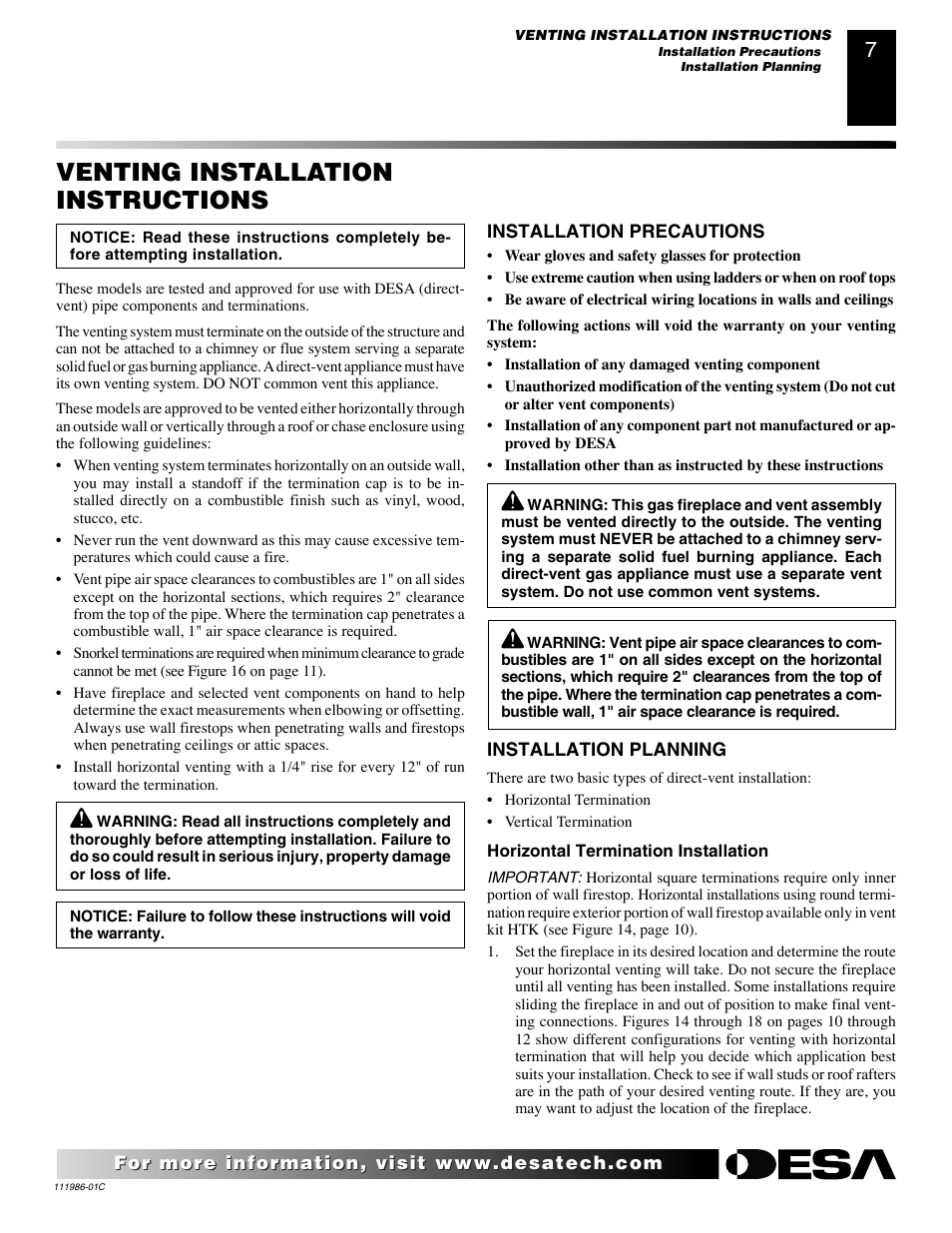 Venting installation instructions | Desa (V)T32N User Manual | Page 7 / 38