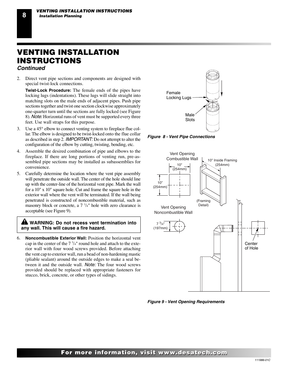 Venting installation instructions, Continued | Desa (V)T32N User Manual | Page 8 / 38