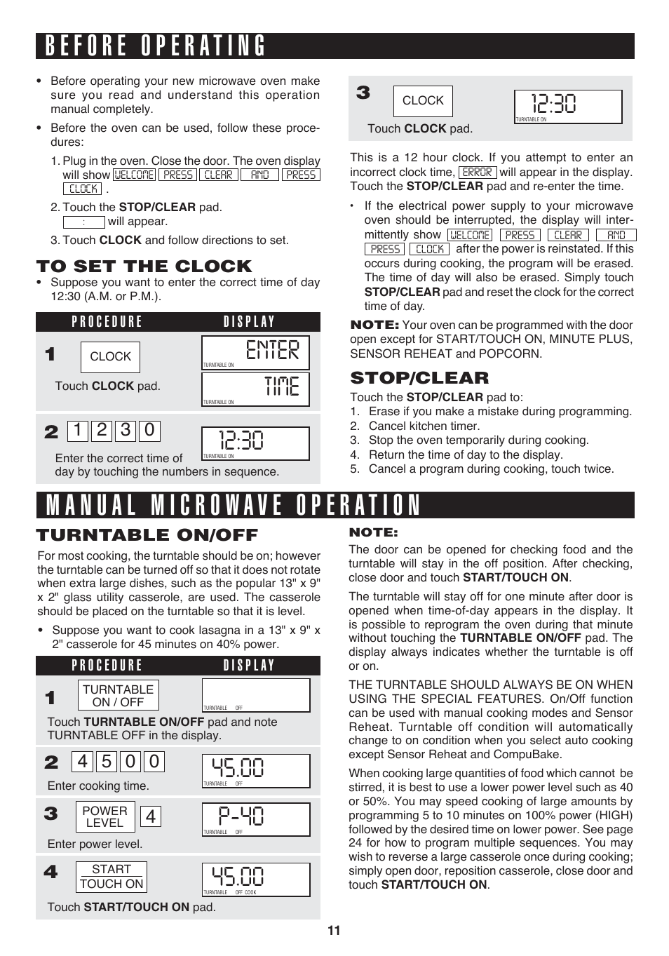 Time, Enter, Stop/clear | Turntable on/off | Sharp 1.1 cu. ft. Over-the-Range Convection Microwave Oven Owner's Guide User Manual | Page 14 / 68