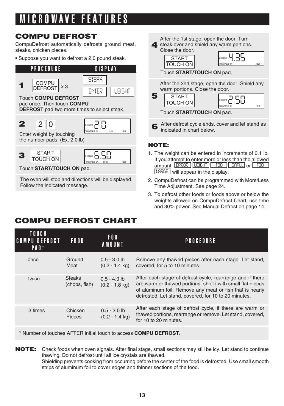 Compu defrost chart, Compu defrost | Sharp 1.1 cu. ft. Over-the-Range Convection Microwave Oven Owner's Guide User Manual | Page 16 / 68