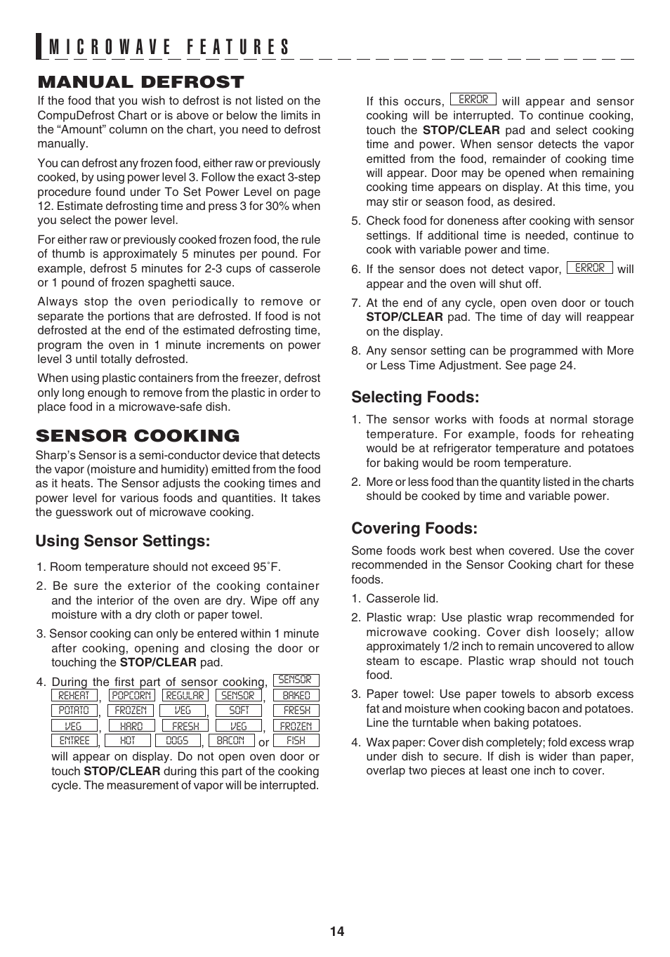 Manual defrost, Sensor cooking, Using sensor settings | Selecting foods, Covering foods | Sharp 1.1 cu. ft. Over-the-Range Convection Microwave Oven Owner's Guide User Manual | Page 17 / 68