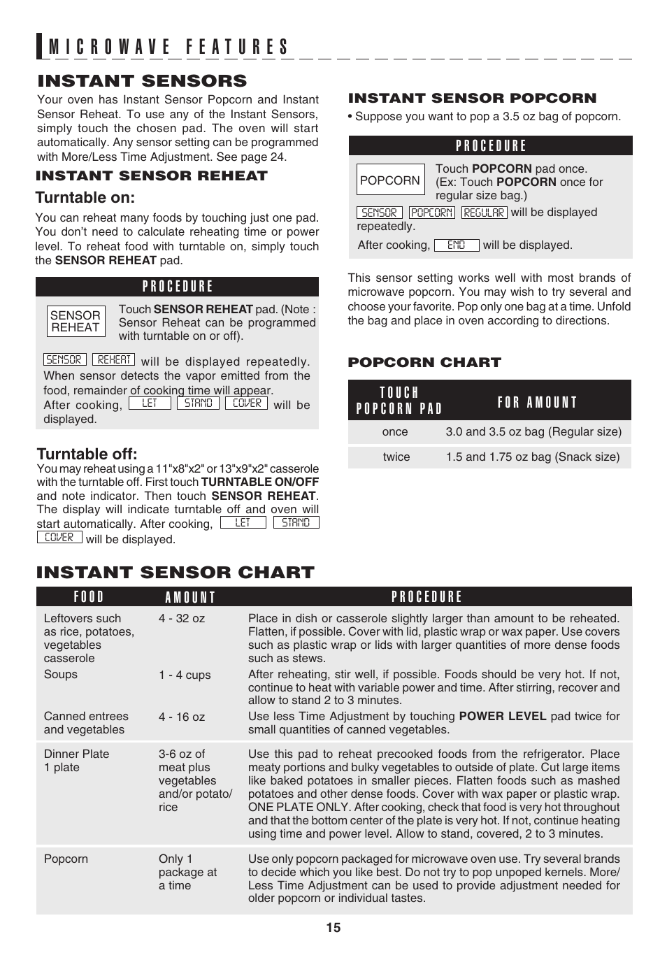 Instant sensors, Instant sensor chart, Turntable on | Turntable off | Sharp 1.1 cu. ft. Over-the-Range Convection Microwave Oven Owner's Guide User Manual | Page 18 / 68