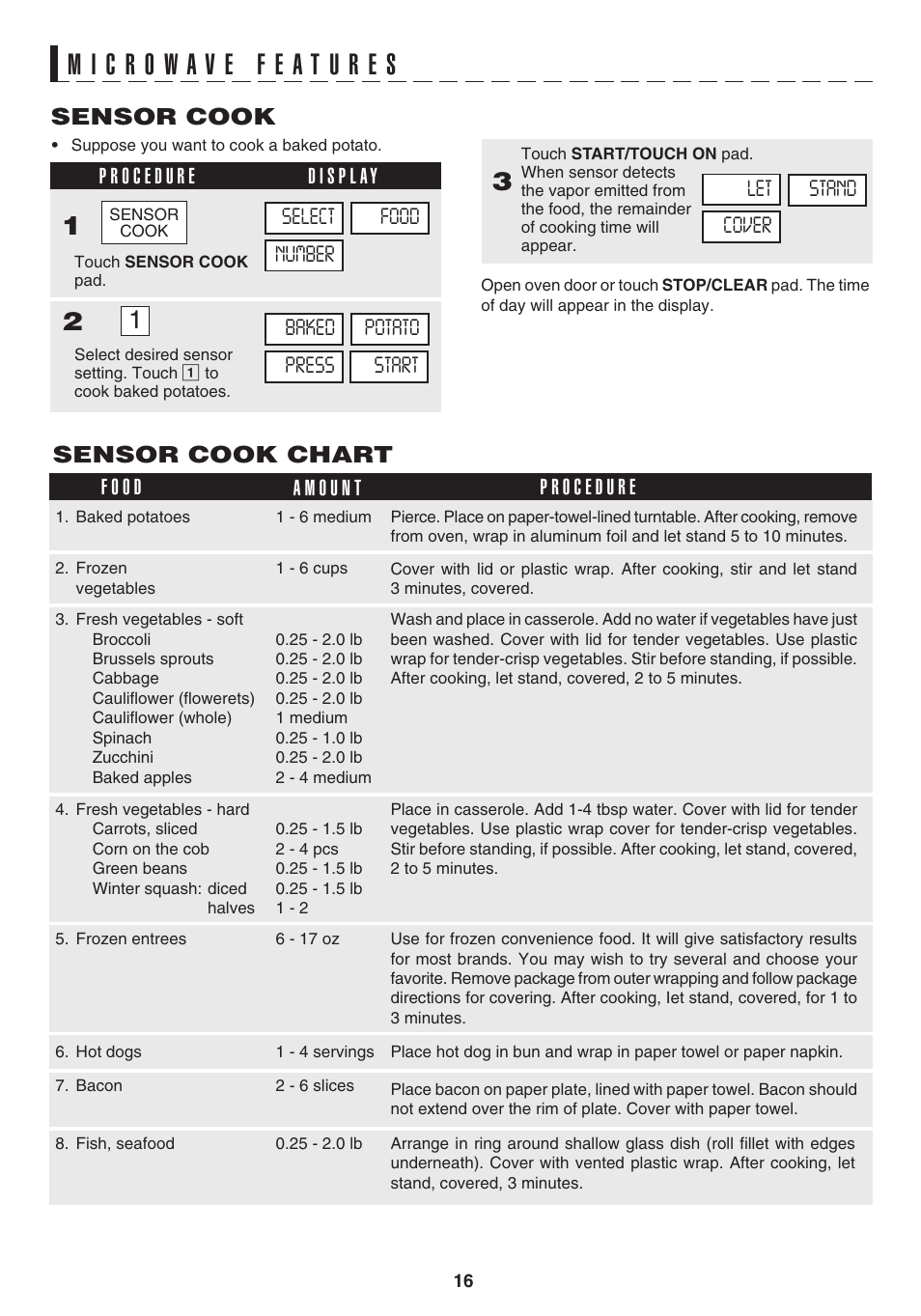 Sensor cook, Sensor cook chart | Sharp 1.1 cu. ft. Over-the-Range Convection Microwave Oven Owner's Guide User Manual | Page 19 / 68