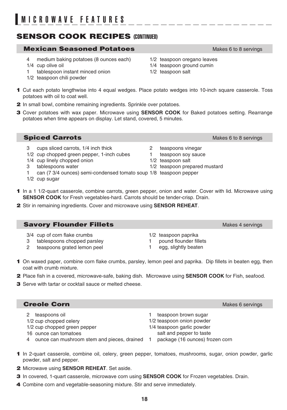 Sensor cook recipes | Sharp 1.1 cu. ft. Over-the-Range Convection Microwave Oven Owner's Guide User Manual | Page 21 / 68