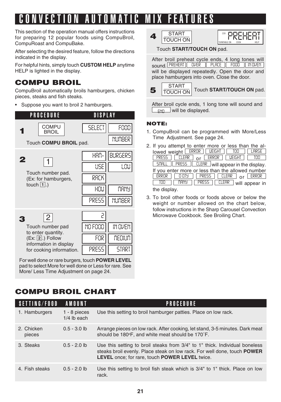 Ppreheat, Compu broil, Compu broil chart | Sharp 1.1 cu. ft. Over-the-Range Convection Microwave Oven Owner's Guide User Manual | Page 24 / 68