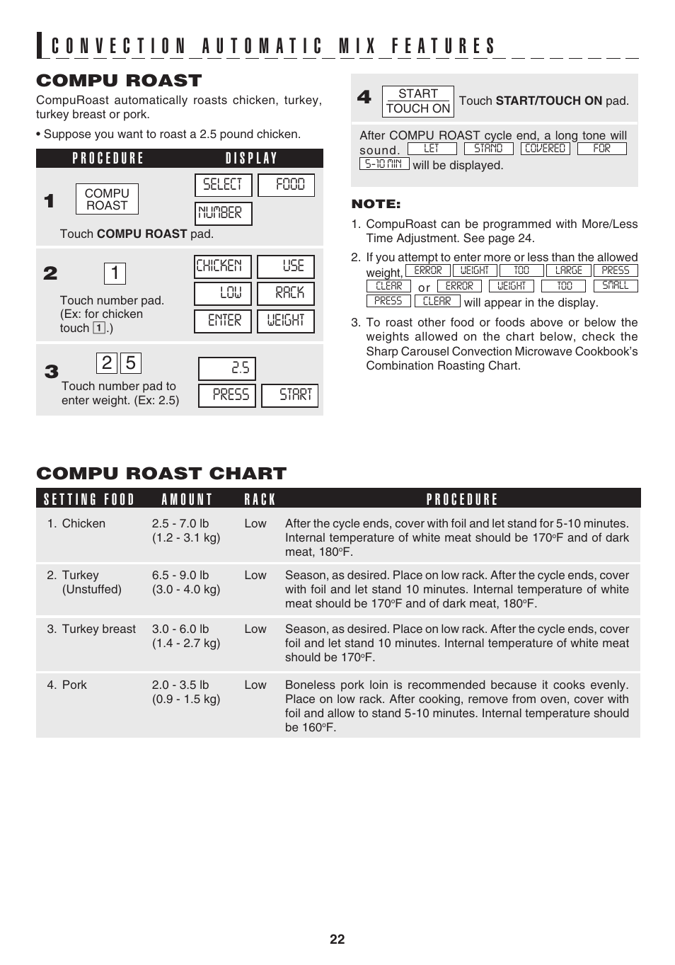 Compu roast, Compu roast chart, R a c k | Sharp 1.1 cu. ft. Over-the-Range Convection Microwave Oven Owner's Guide User Manual | Page 25 / 68