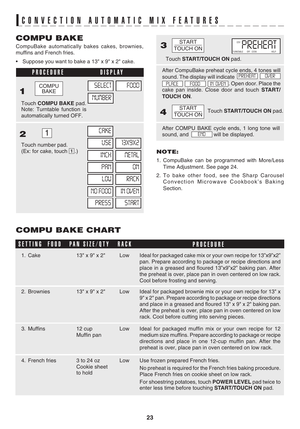 4preheat, Compu bake, Compu bake chart | R a c k | Sharp 1.1 cu. ft. Over-the-Range Convection Microwave Oven Owner's Guide User Manual | Page 26 / 68