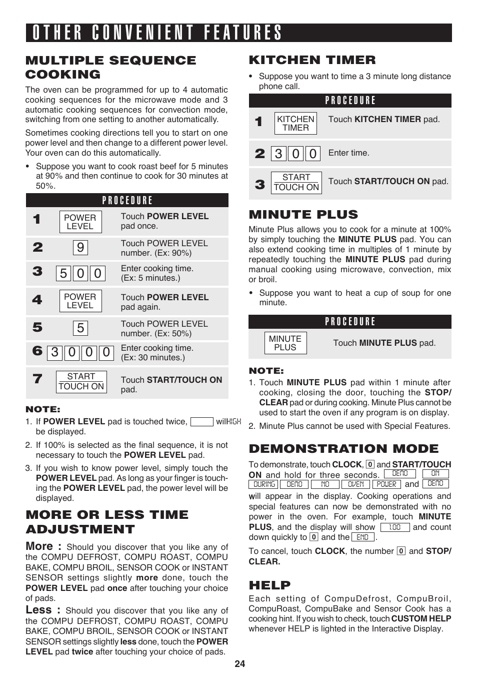 Multiple sequence cooking, Kitchen timer, Minute plus | Demonstration mode, Help, More or less time adjustment, More, Less | Sharp 1.1 cu. ft. Over-the-Range Convection Microwave Oven Owner's Guide User Manual | Page 27 / 68