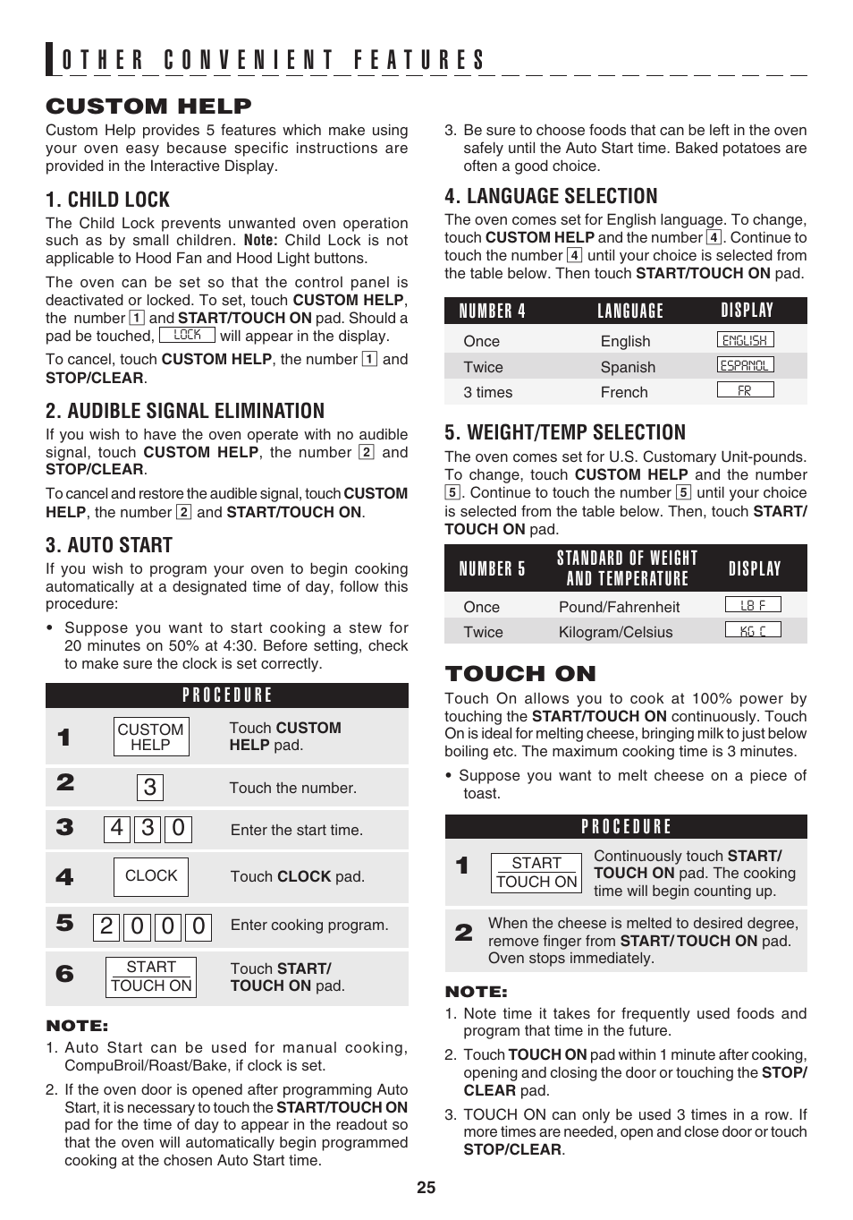 Custom help, Touch on, Child lock | Audible signal elimination, Auto start, Language number 4 display, Language selection, Weight/temp selection | Sharp 1.1 cu. ft. Over-the-Range Convection Microwave Oven Owner's Guide User Manual | Page 28 / 68