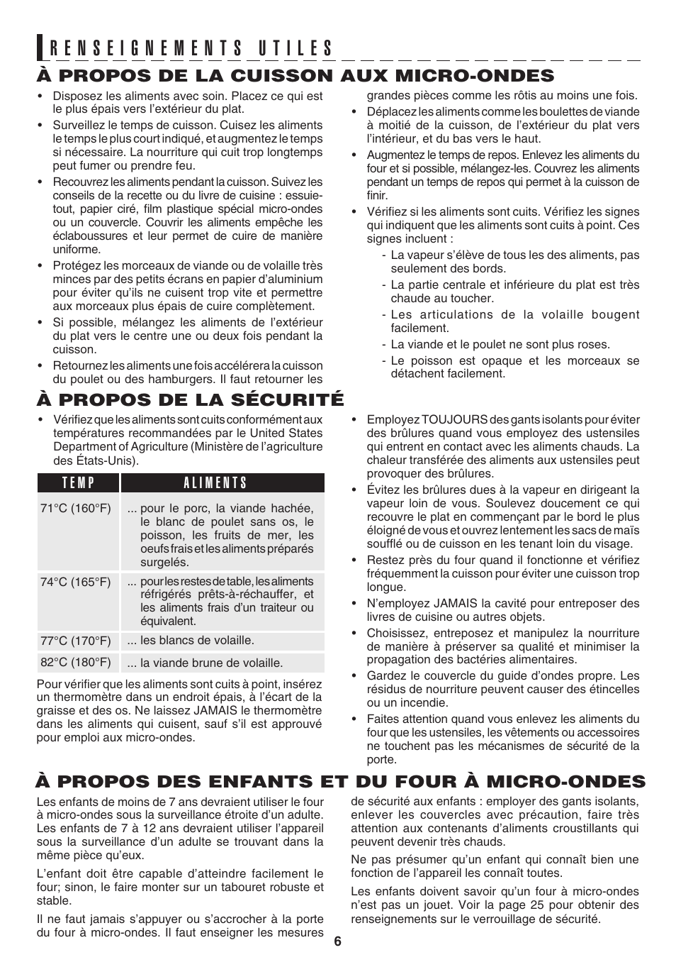 À propos de la cuisson aux micro-ondes, À propos de la sécurité, À propos des enfants et du four à micro-ondes | Sharp 1.1 cu. ft. Over-the-Range Convection Microwave Oven Owner's Guide User Manual | Page 42 / 68