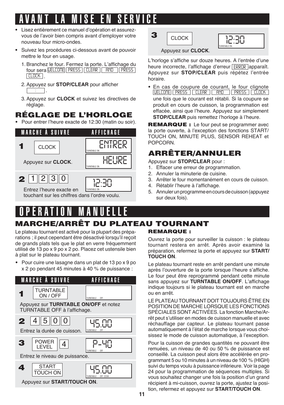 Entrer, Heure, Enter | Réglage de l’horloge, Arrêter/annuler, Marche/arrêt du plateau tournant | Sharp 1.1 cu. ft. Over-the-Range Convection Microwave Oven Owner's Guide User Manual | Page 47 / 68