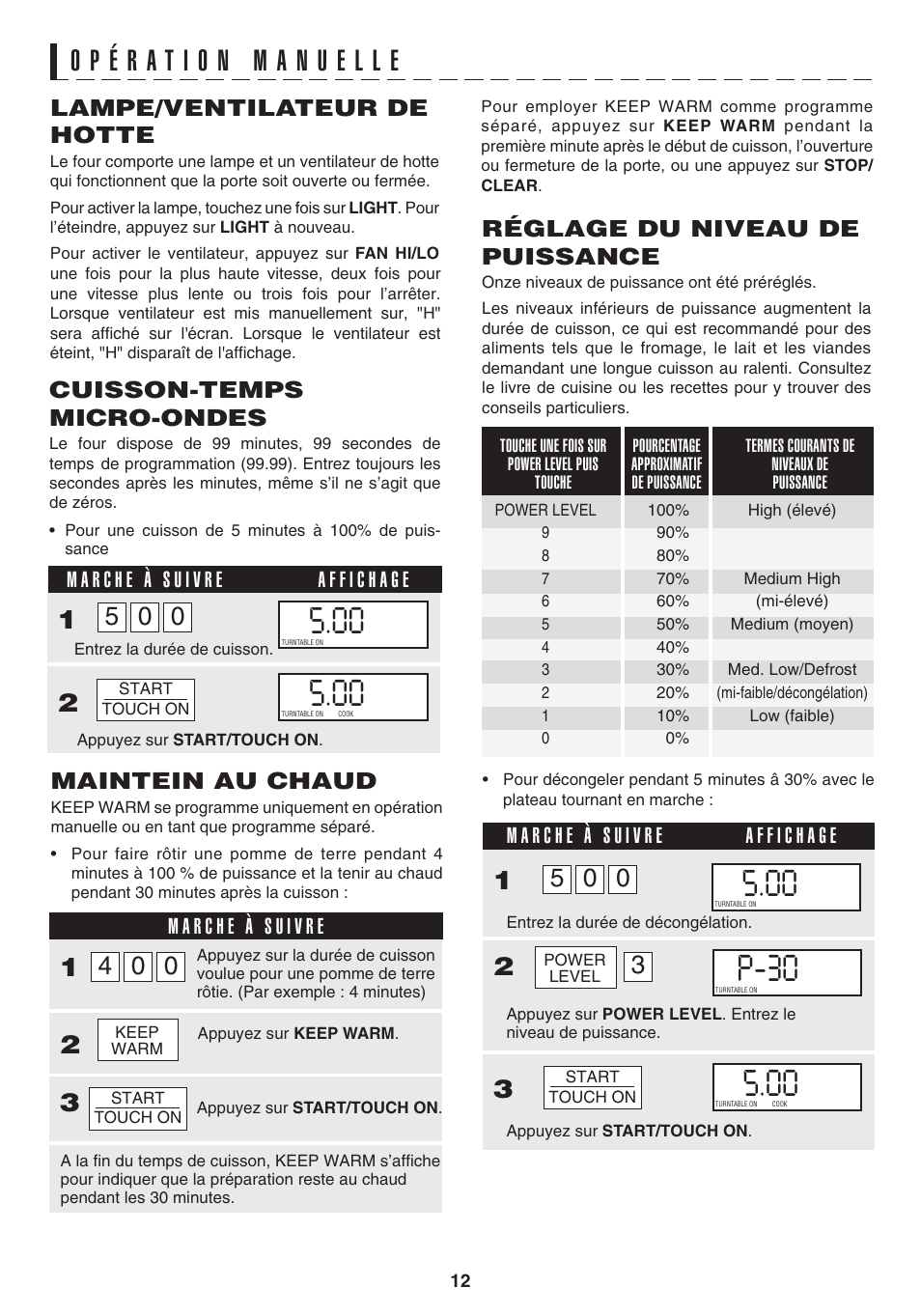 Réglage du niveau de puissance, Lampe/ventilateur de hotte, Cuisson-temps micro-ondes | Maintein au chaud | Sharp 1.1 cu. ft. Over-the-Range Convection Microwave Oven Owner's Guide User Manual | Page 48 / 68