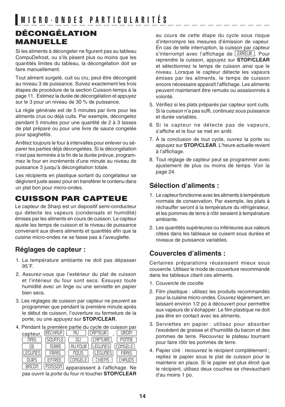 Cuisson par capteue, Décongélation manuelle, Réglages de capteur | Sélection d’aliments, Couvercles d’aliments | Sharp 1.1 cu. ft. Over-the-Range Convection Microwave Oven Owner's Guide User Manual | Page 50 / 68