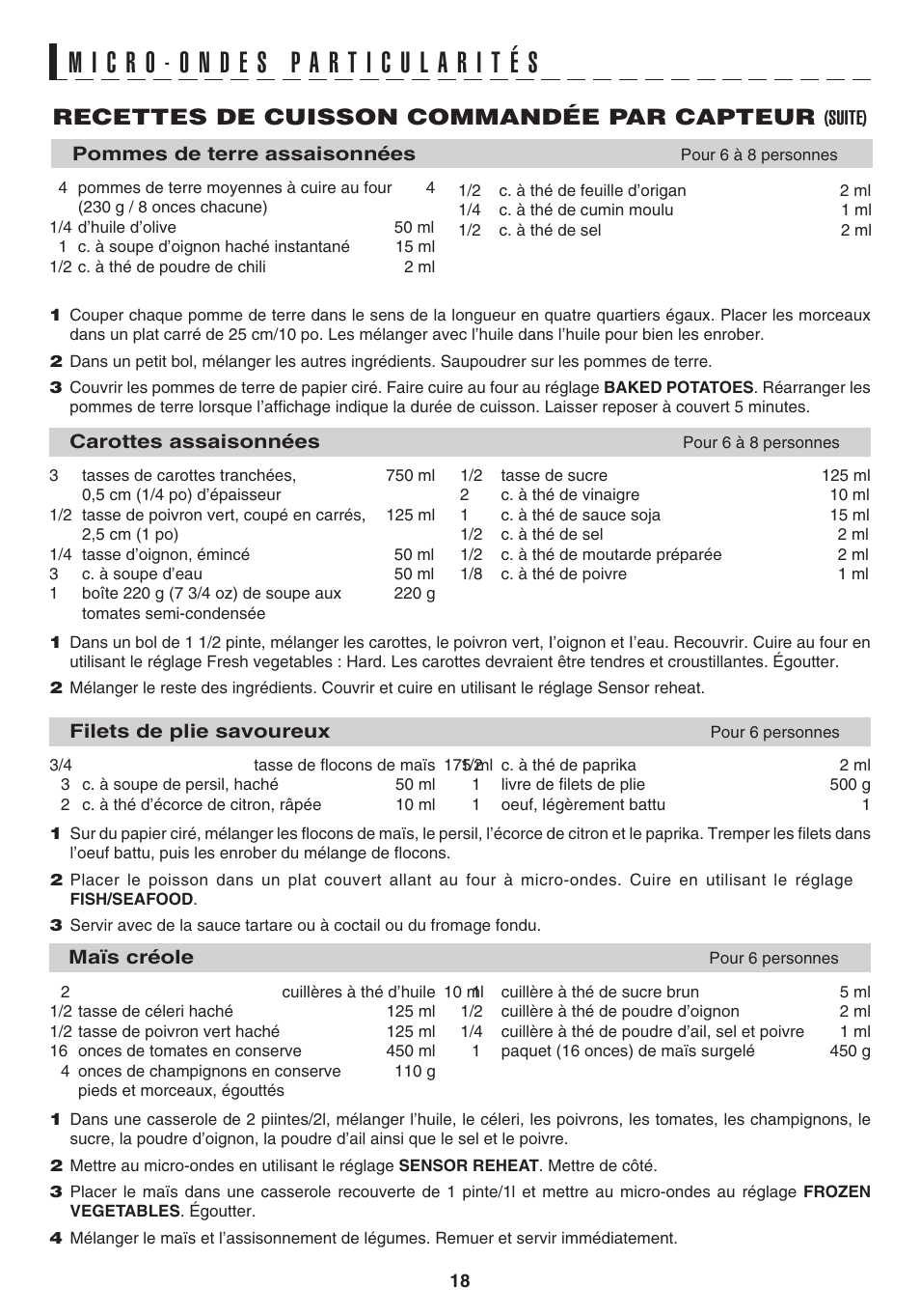 Recettes de cuisson commandée par capteur | Sharp 1.1 cu. ft. Over-the-Range Convection Microwave Oven Owner's Guide User Manual | Page 54 / 68