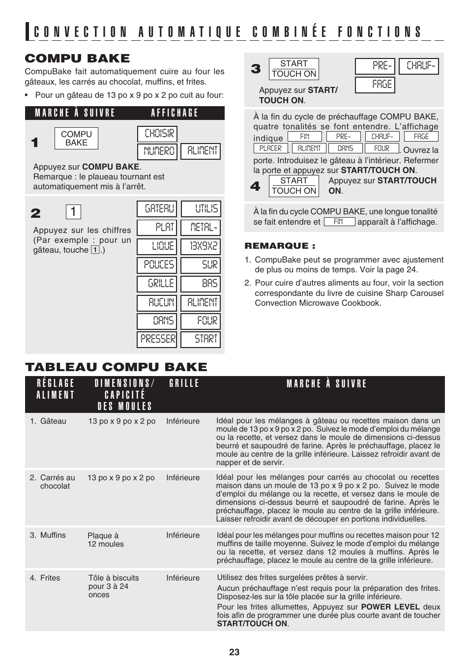 Compu bake, Tableau compu bake | Sharp 1.1 cu. ft. Over-the-Range Convection Microwave Oven Owner's Guide User Manual | Page 59 / 68