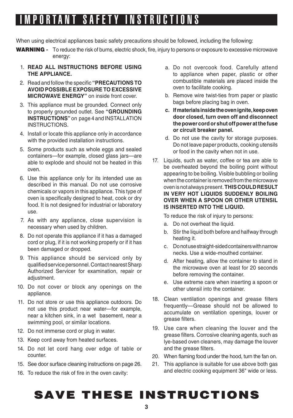 Save these instructions | Sharp 1.1 cu. ft. Over-the-Range Convection Microwave Oven Owner's Guide User Manual | Page 6 / 68