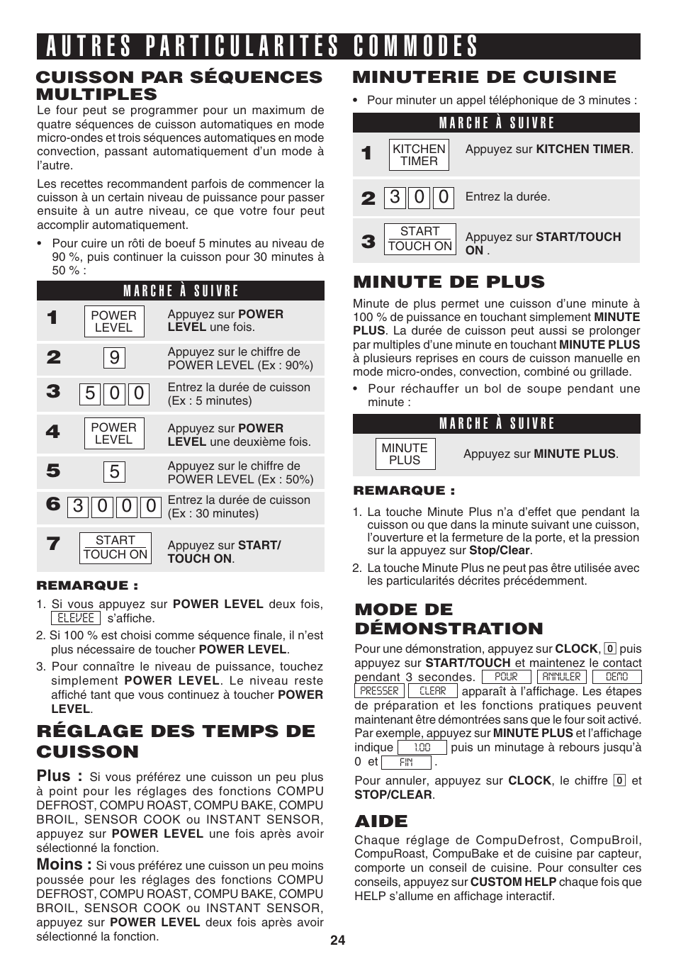 Minuterie de cuisine, Minute de plus, Réglage des temps de cuisson | Aide, Plus, Moins, Mode de démonstration | Sharp 1.1 cu. ft. Over-the-Range Convection Microwave Oven Owner's Guide User Manual | Page 60 / 68