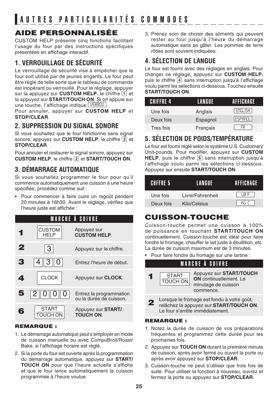 Aide personnalisée, Cuisson-touche, Verrouillage de sécurité | Suppression du signal sonore, Démarrage automatique, Langue chiffre 4 affichage, Sélection de langue, Sélection de poids/température, Langue chffre 5 affichage | Sharp 1.1 cu. ft. Over-the-Range Convection Microwave Oven Owner's Guide User Manual | Page 61 / 68