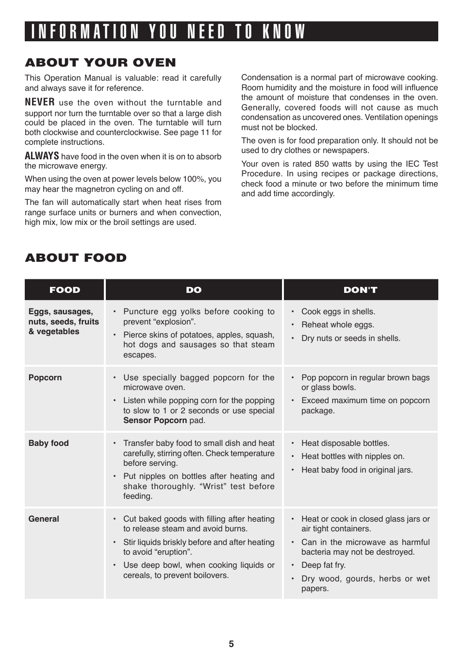 About your oven, About food | Sharp 1.1 cu. ft. Over-the-Range Convection Microwave Oven Owner's Guide User Manual | Page 8 / 68